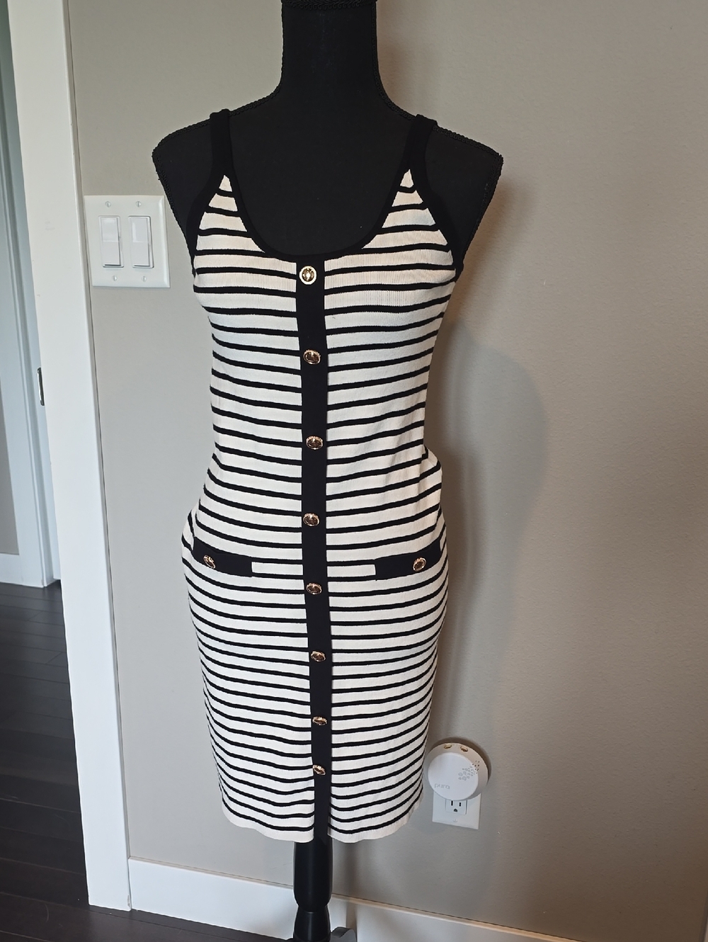 LOFT Black and White Striped Tank Dress with Gold Buttons